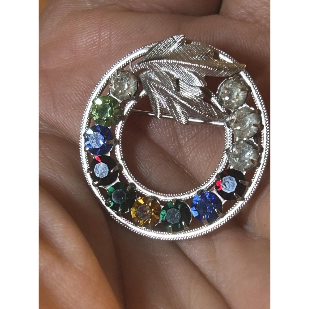 Vintage DCE Curtis Sterling Multicolor Rhinestone Botanical Brooch 1 1/4"